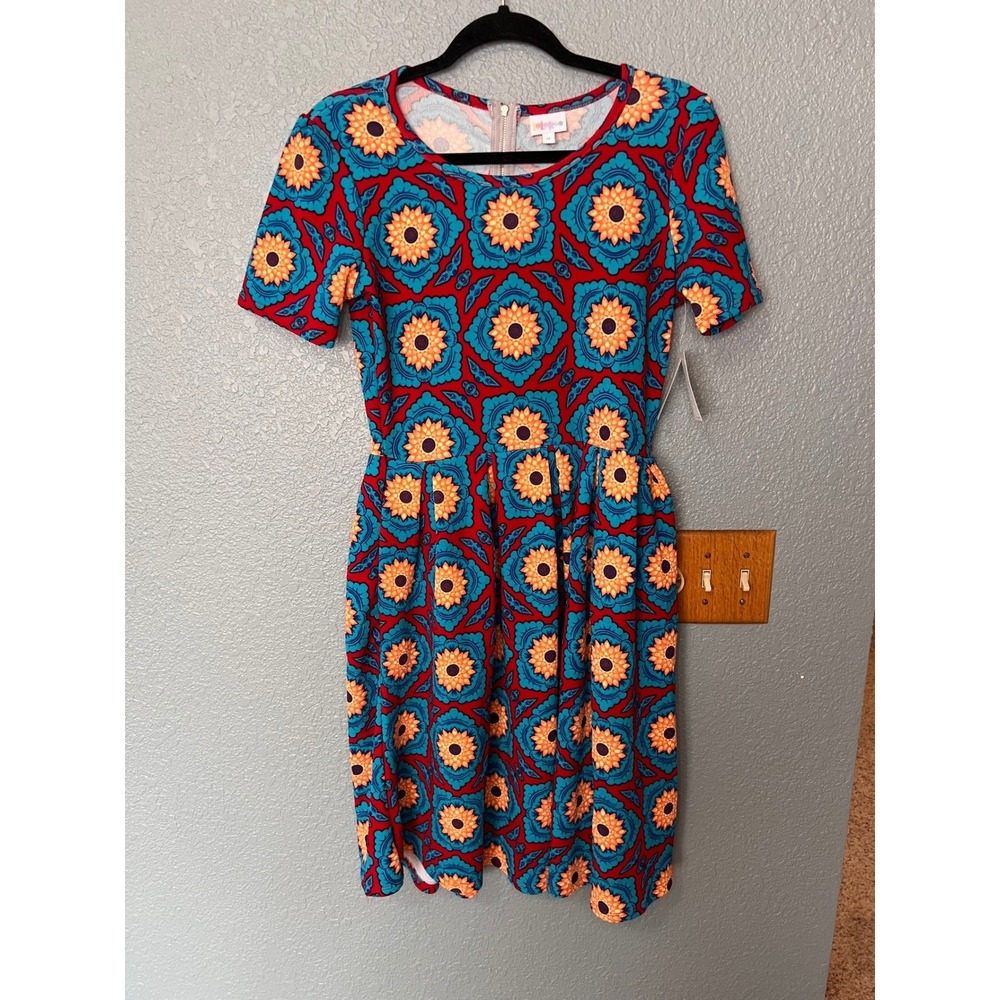 LuLaRoe Amelia Dress Medium Red Blue Orange Floral Geometric Pockets NWT